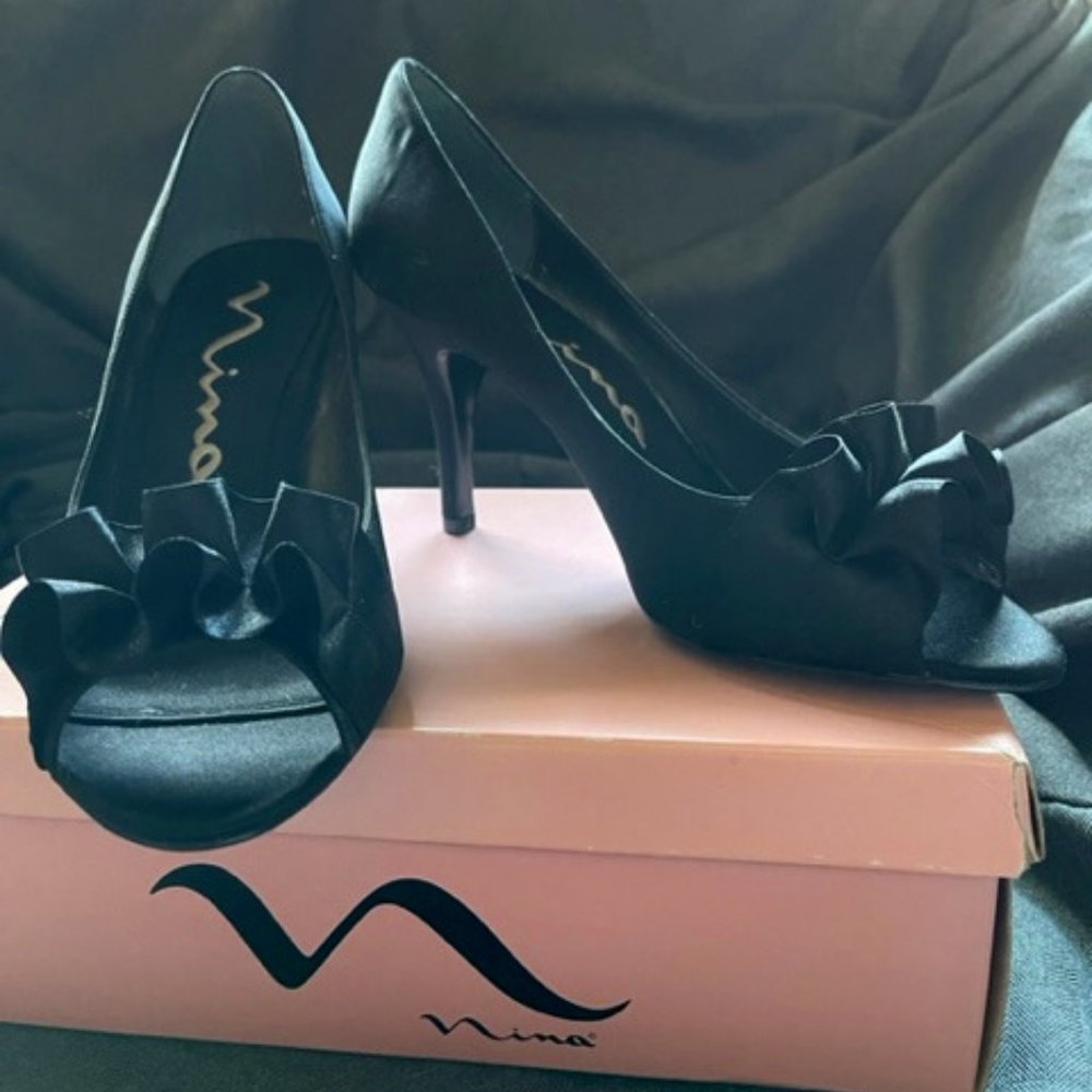 Nina Black Satin Ruffle Peep Toe Dress Pump